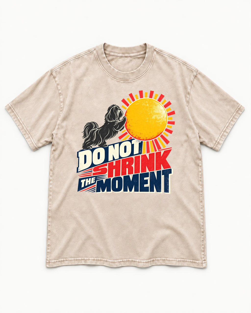 Shih Tzu Do Not Shrink the Moment Sun Graphic Washed Tee in Apricot, flat lay product photo