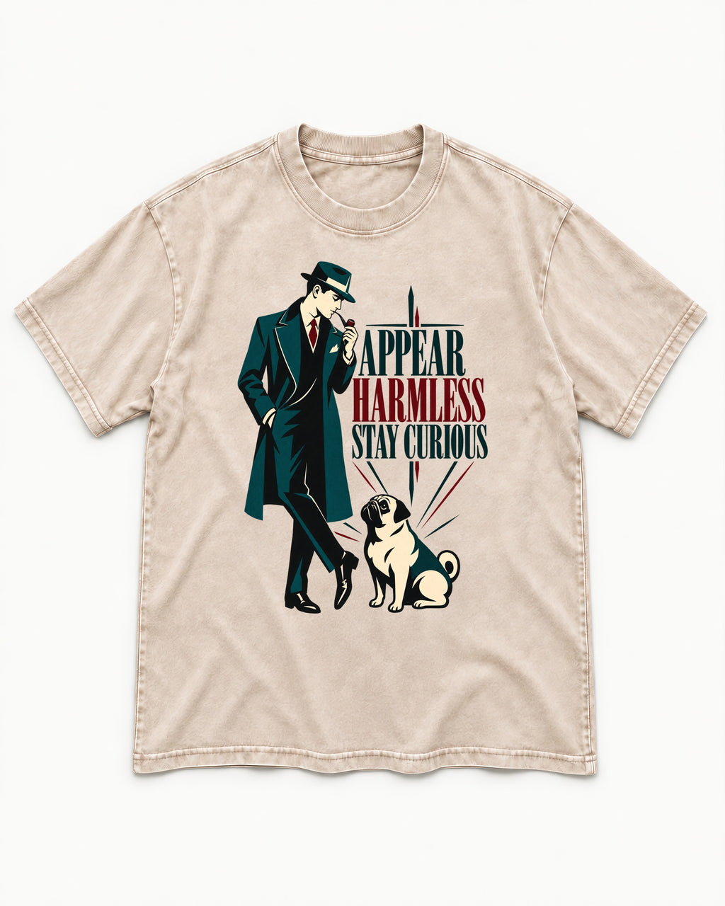 Pug Appear Harmless Stay Curious Washed Tee in Apricot, flat lay product photo