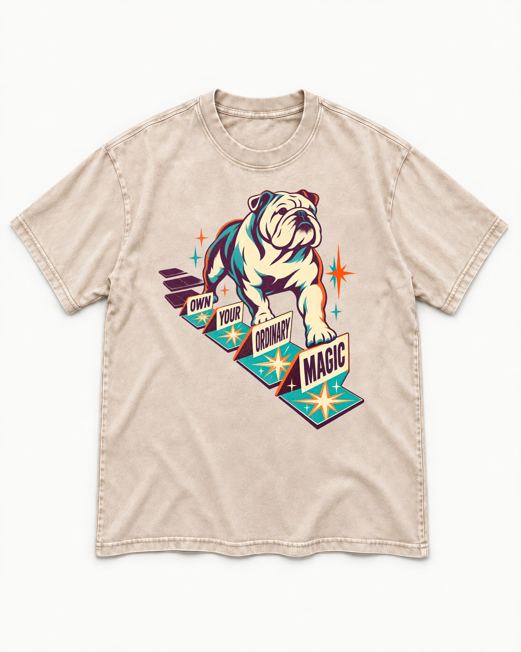 English Bulldog's Ordinary Magic Washed Tee in Apricot, flat lay product photo
