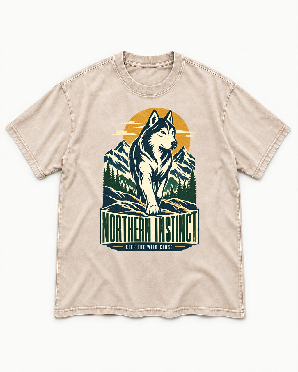 Husky Northern Instinct Mountain Sentinel Washed Tee in Apricot, flat lay product photo