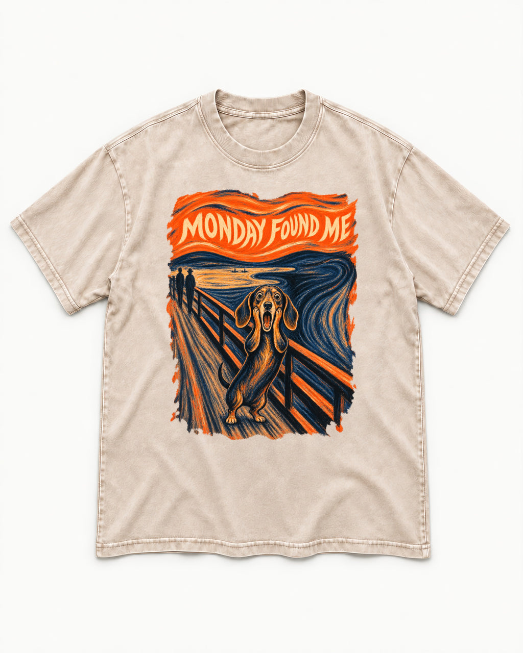 Dachshund Monday Found Me Scream Poster Washed Tee in Apricot, flat lay product photo