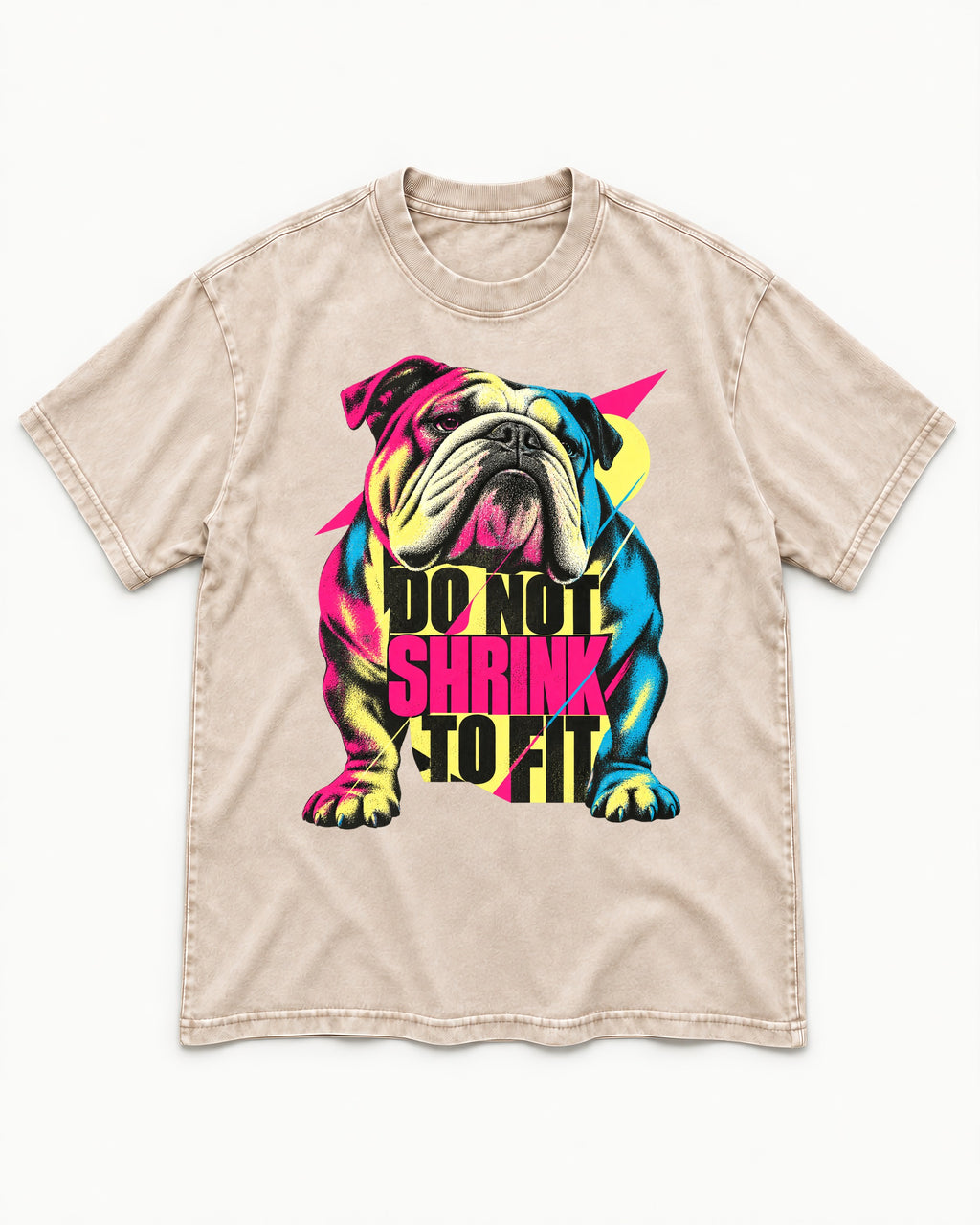 English Bulldog Don't Shrink to Fit Washed Tee in Apricot, flat lay product photo