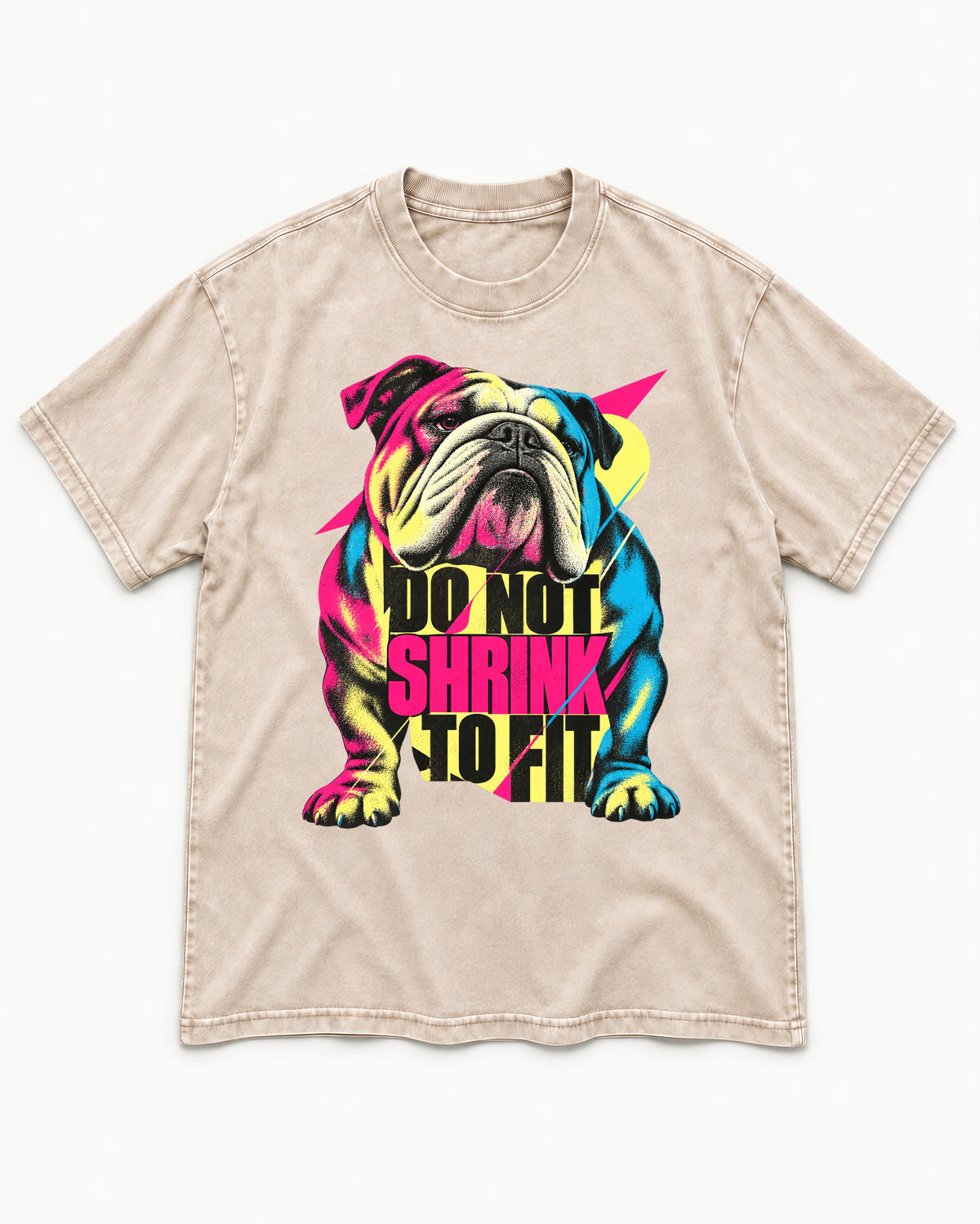 English Bulldog Don't Shrink to Fit Washed Tee in Apricot, flat lay product photo
