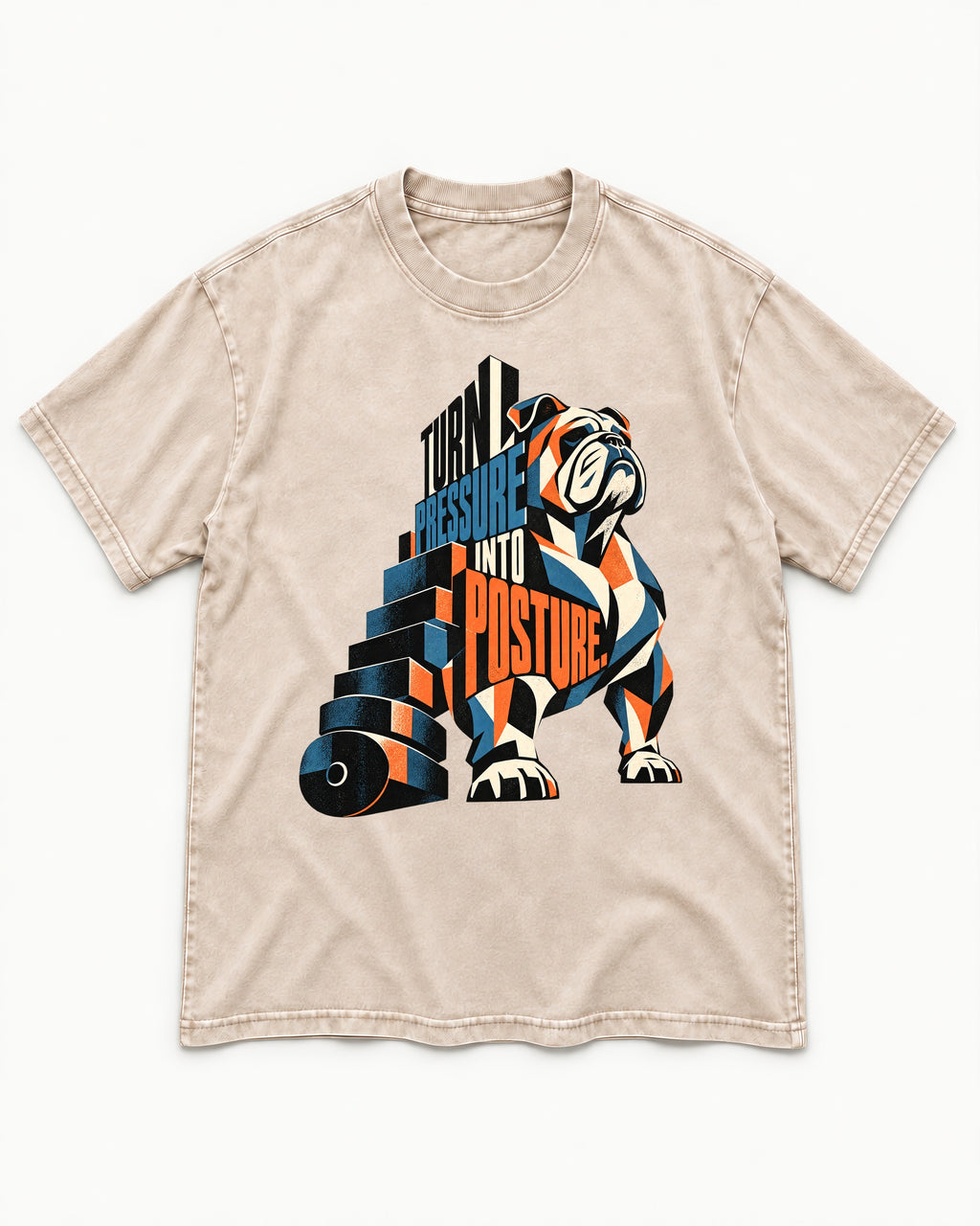 Turn Pressure Into Posture English Bulldog Washed Tee in Apricot, flat lay product photo