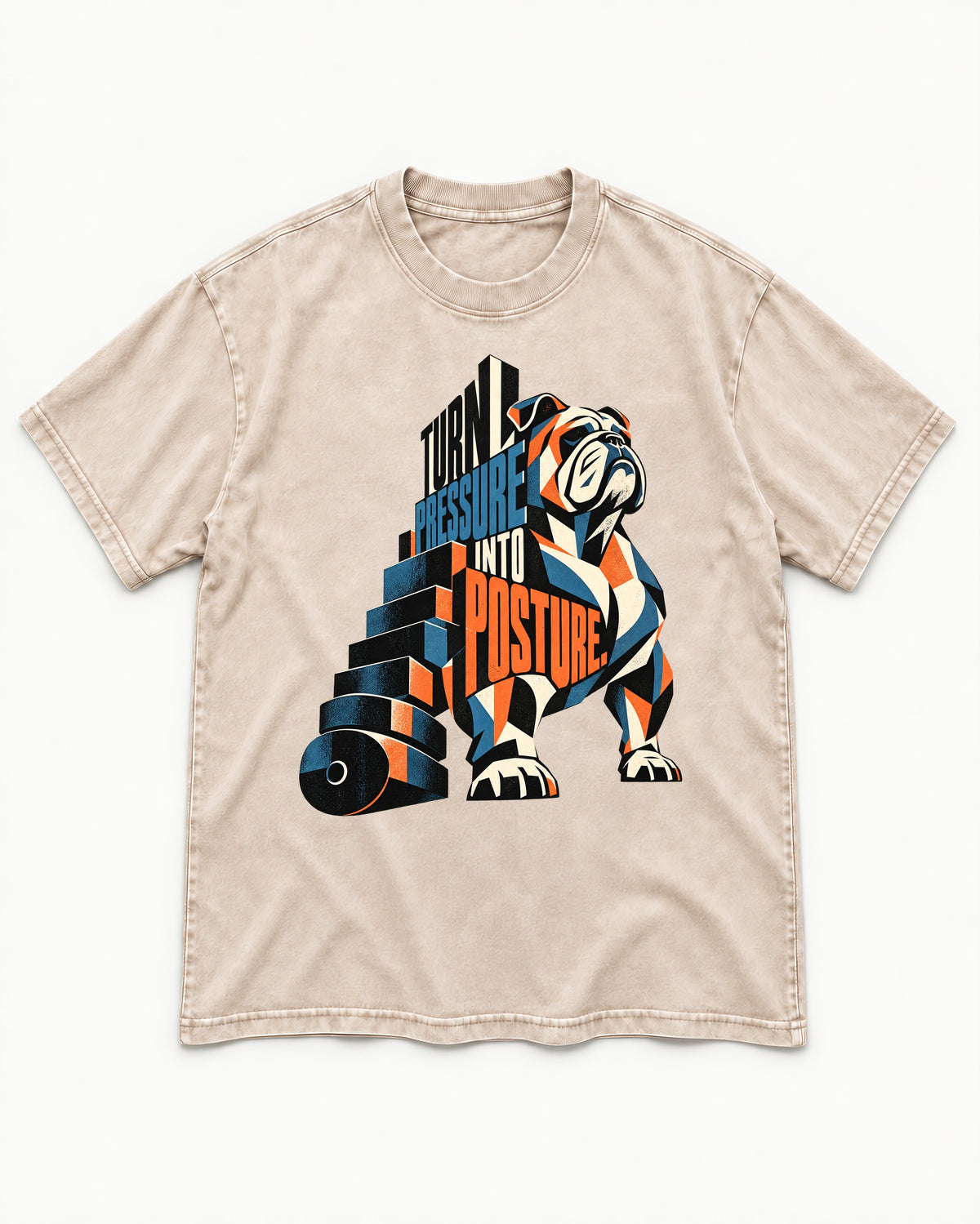 Turn Pressure Into Posture English Bulldog Washed Tee in Apricot, flat lay product photo