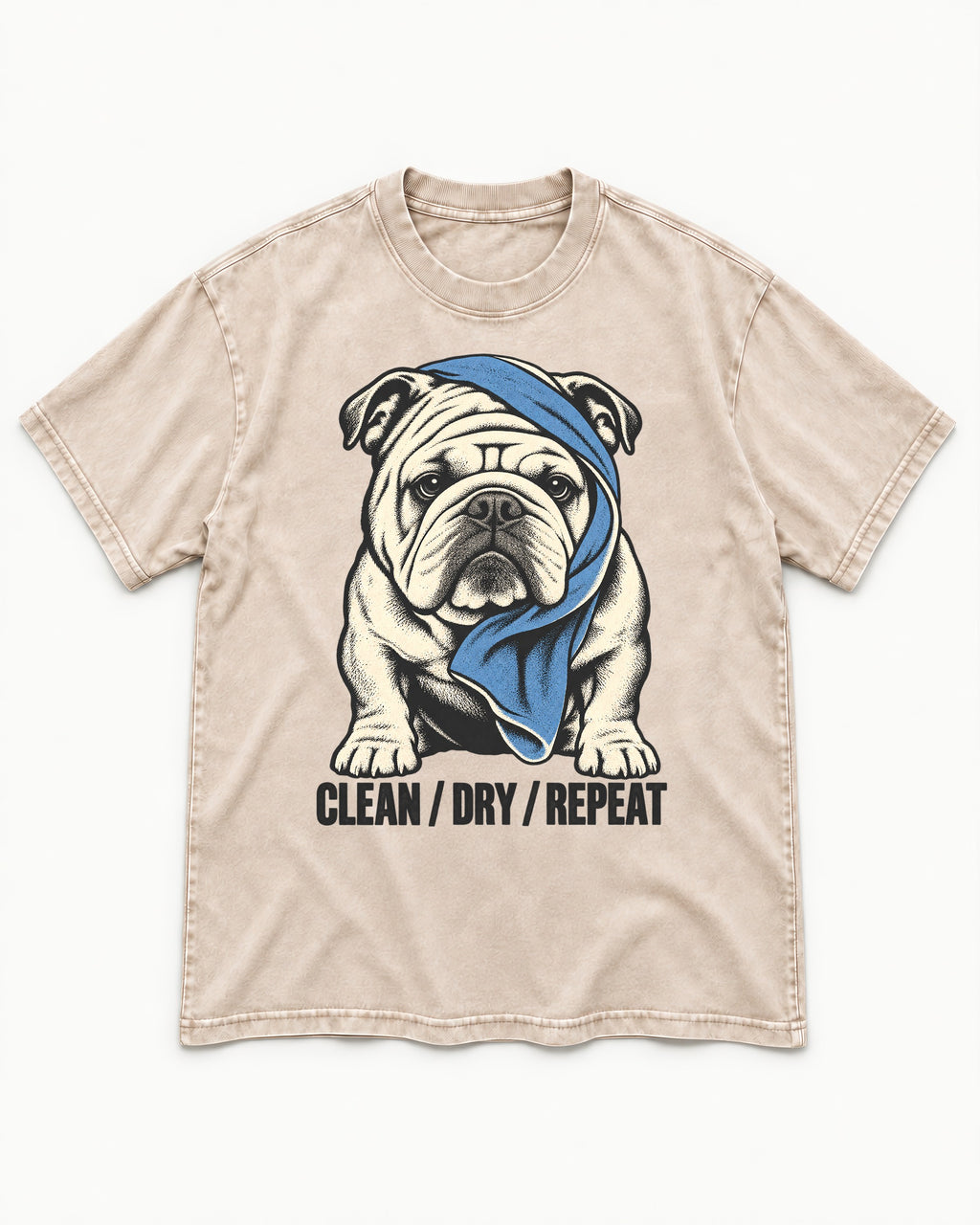 Clean Dry Repeat English Bulldog Washed Tee in Apricot, flat lay product photo