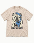 Clean Dry Repeat English Bulldog Washed Tee in Apricot, flat lay product photo
