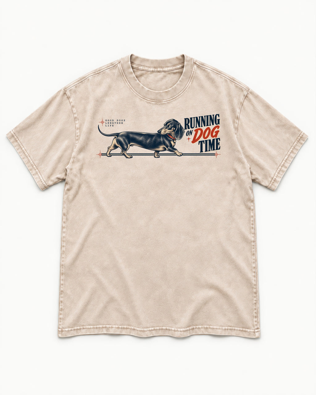 Dachshund Lengthens Life Washed Tee in Apricot, flat lay product photo
