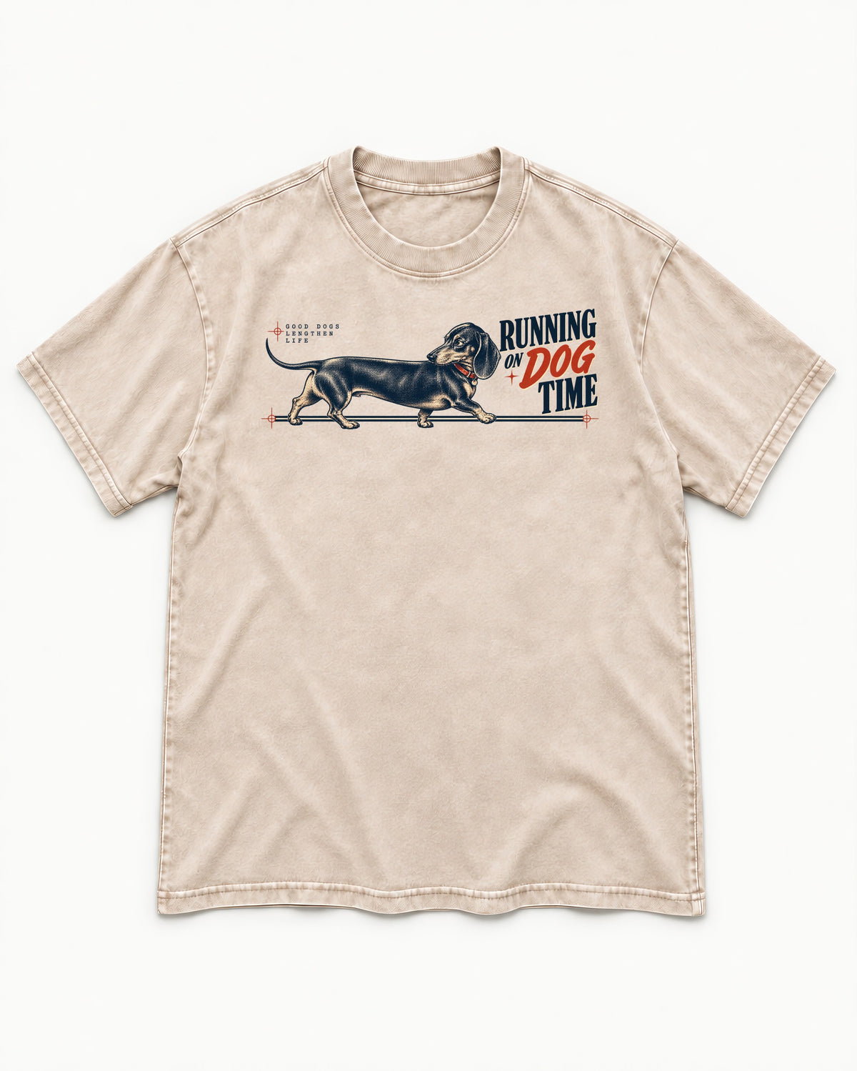 Dachshund Lengthens Life Washed Tee in Apricot, flat lay product photo