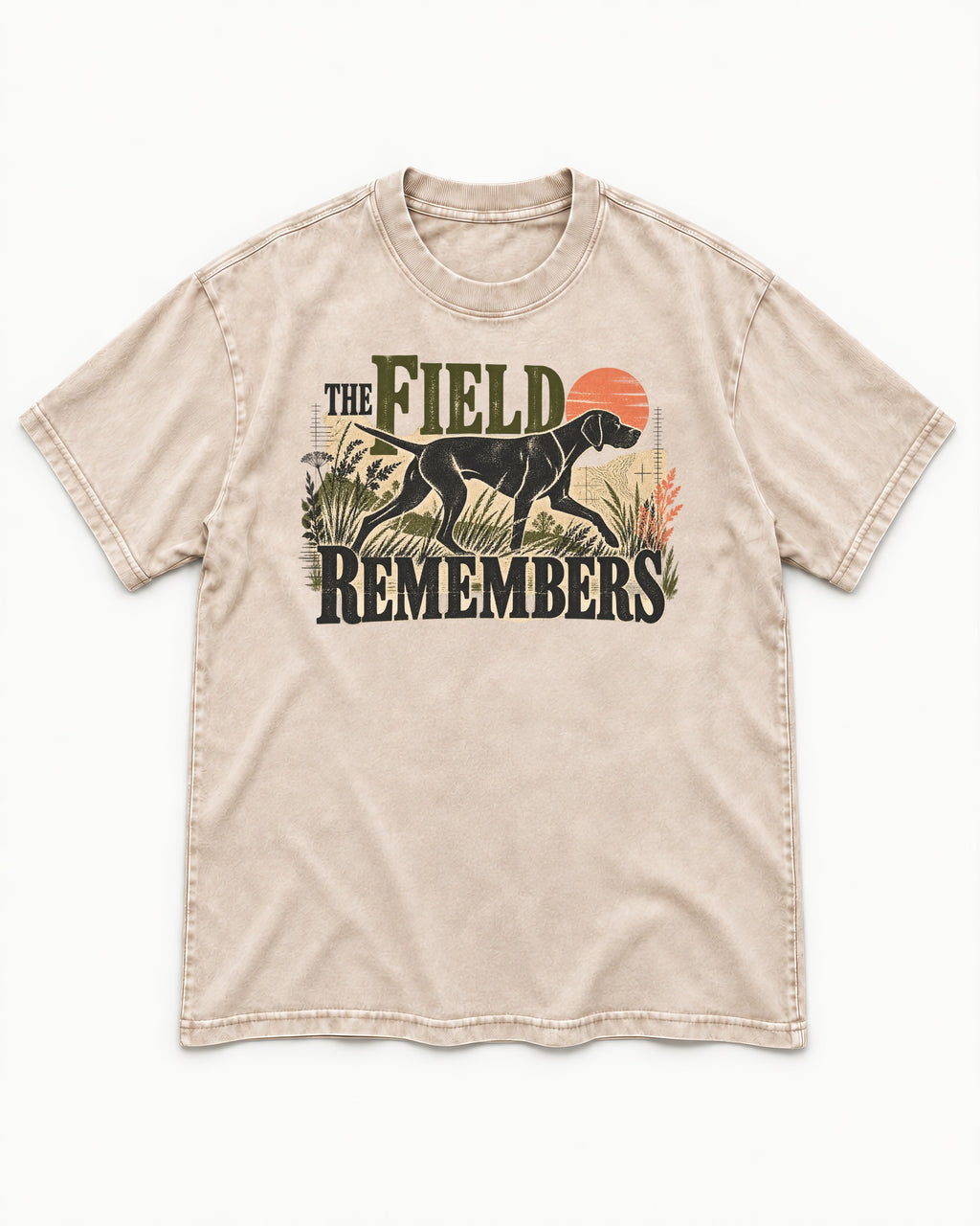 The Field Remembers German Shorthaired Pointer Washed Tee in Apricot, flat lay product photo
