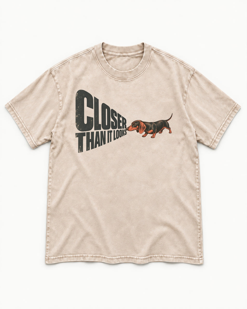 Dachshund Closer Than It Looks Washed Tee in Apricot, flat lay product photo