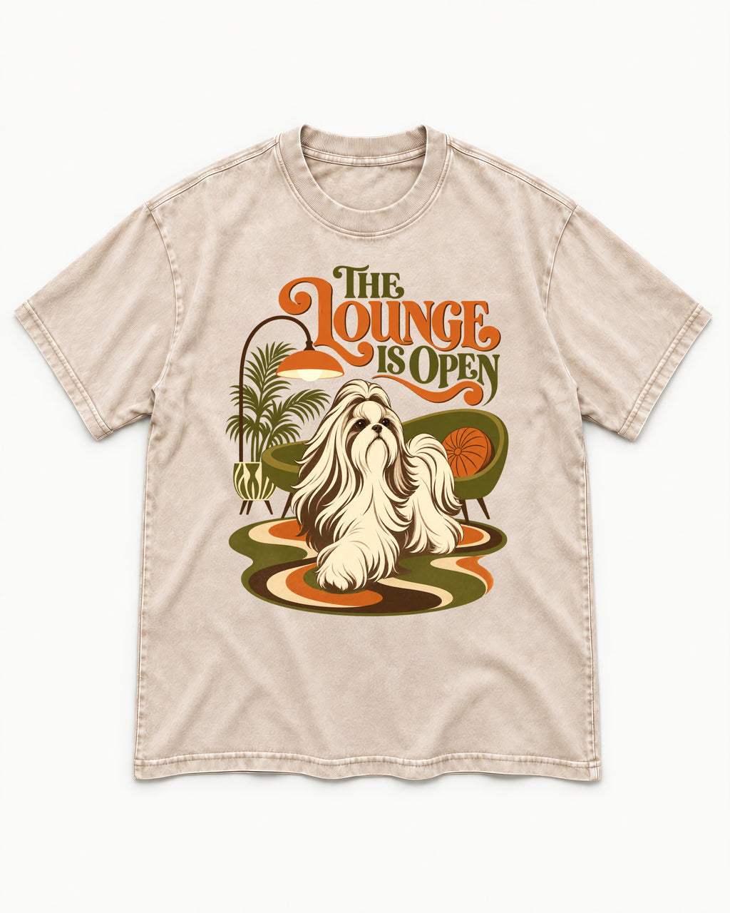The Shih Tzu Lounge Is Open Washed Tee in Apricot, flat lay product photo