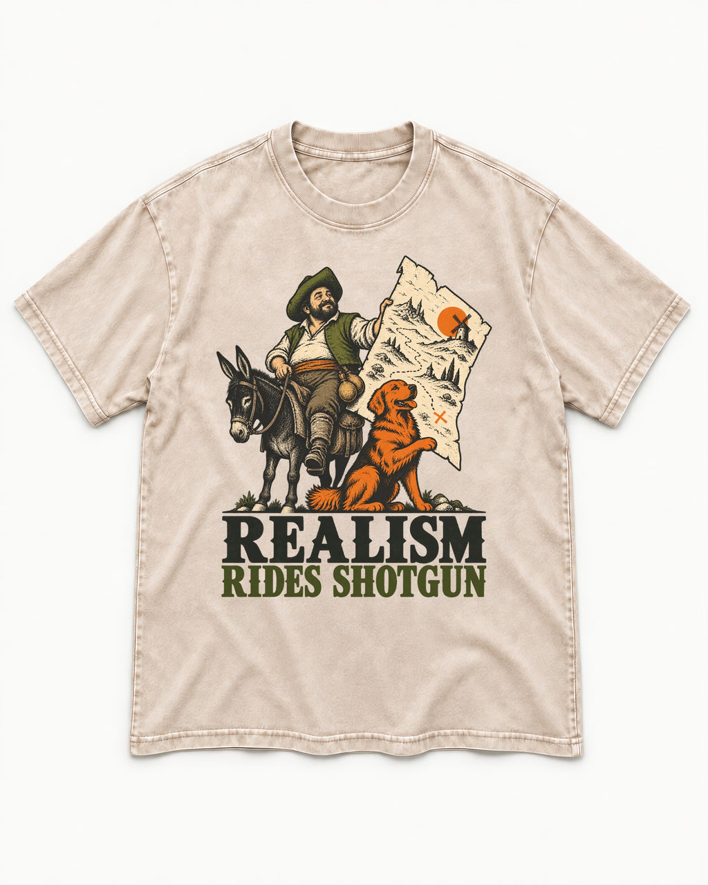 Realism Rides Shotgun with Golden Retriever Washed Tee in Apricot, flat lay product photo