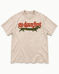 Dachshund Goes Down First Washed Tee in Apricot, flat lay product photo