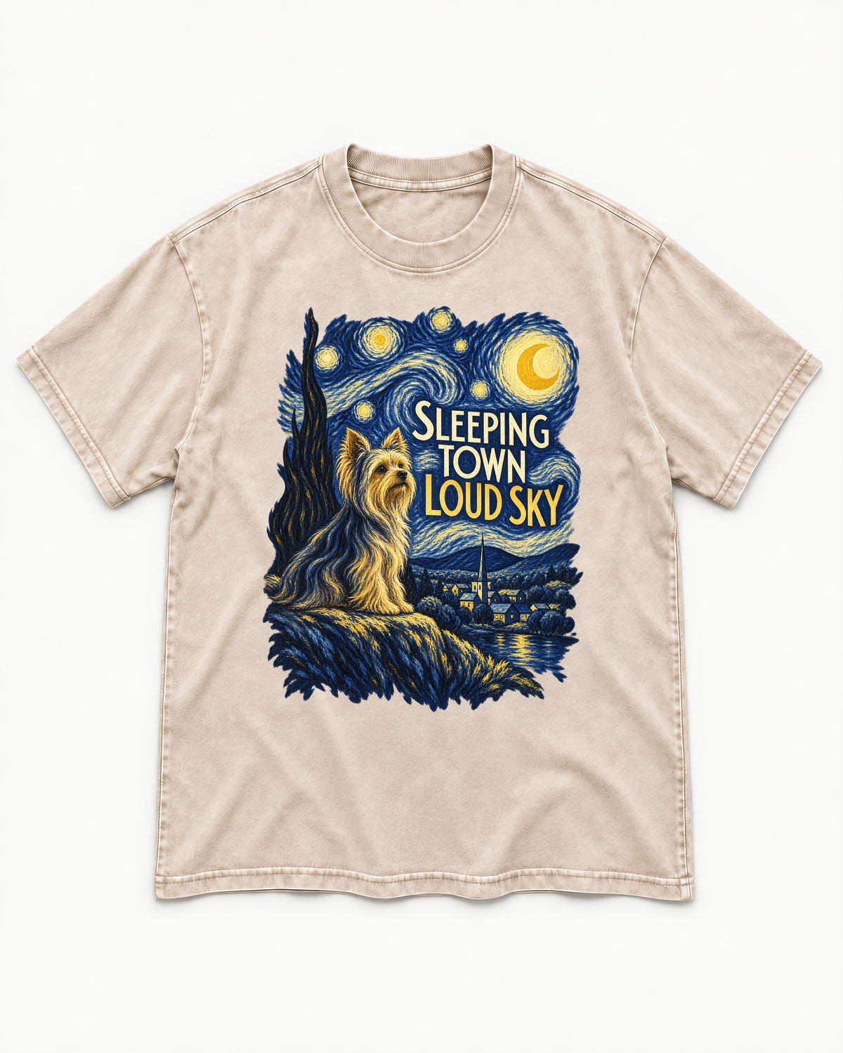 Yorkshire Terrier Sleeping Town Loud Sky Starry Night Graphic Washed Tee in Apricot, flat lay product photo