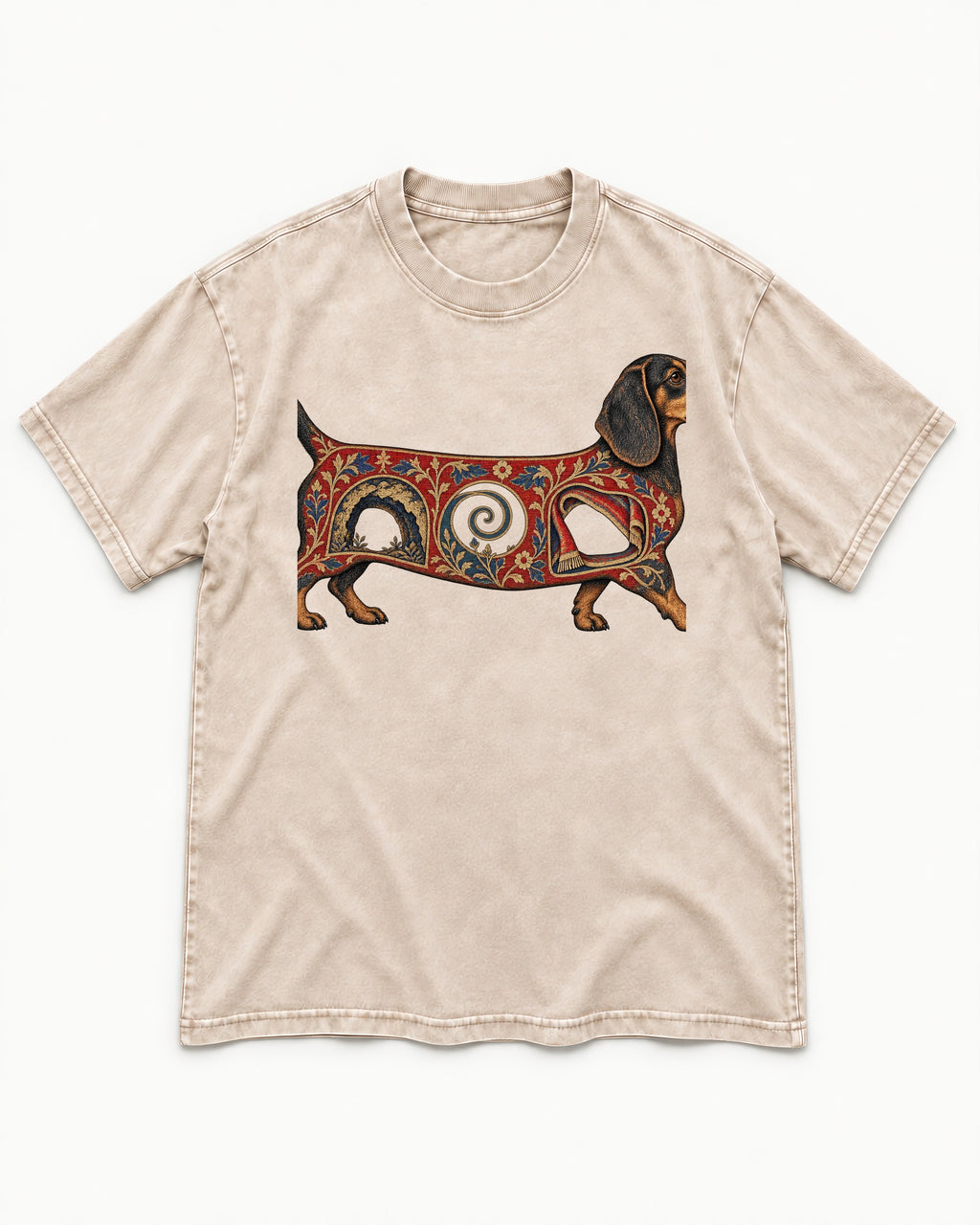 Dachshund Ever After Washed Tee in Apricot, flat lay product photo