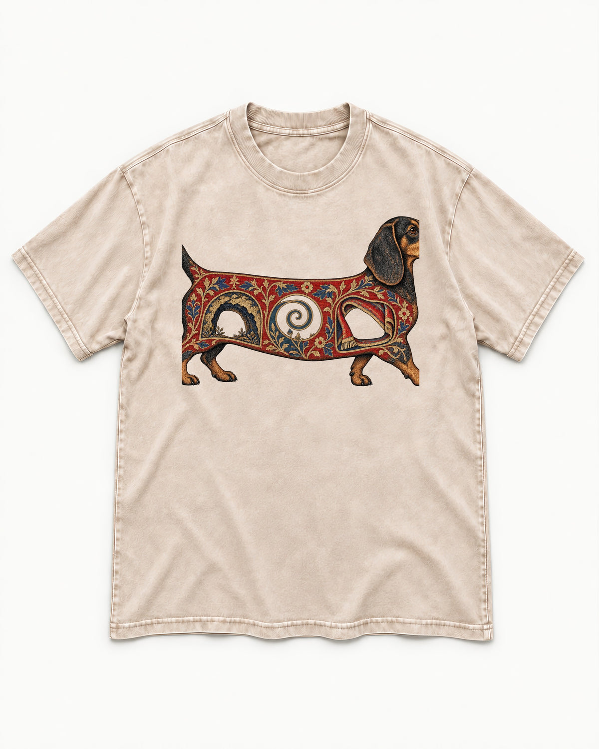 Dachshund Ever After Washed Tee in Apricot, flat lay product photo