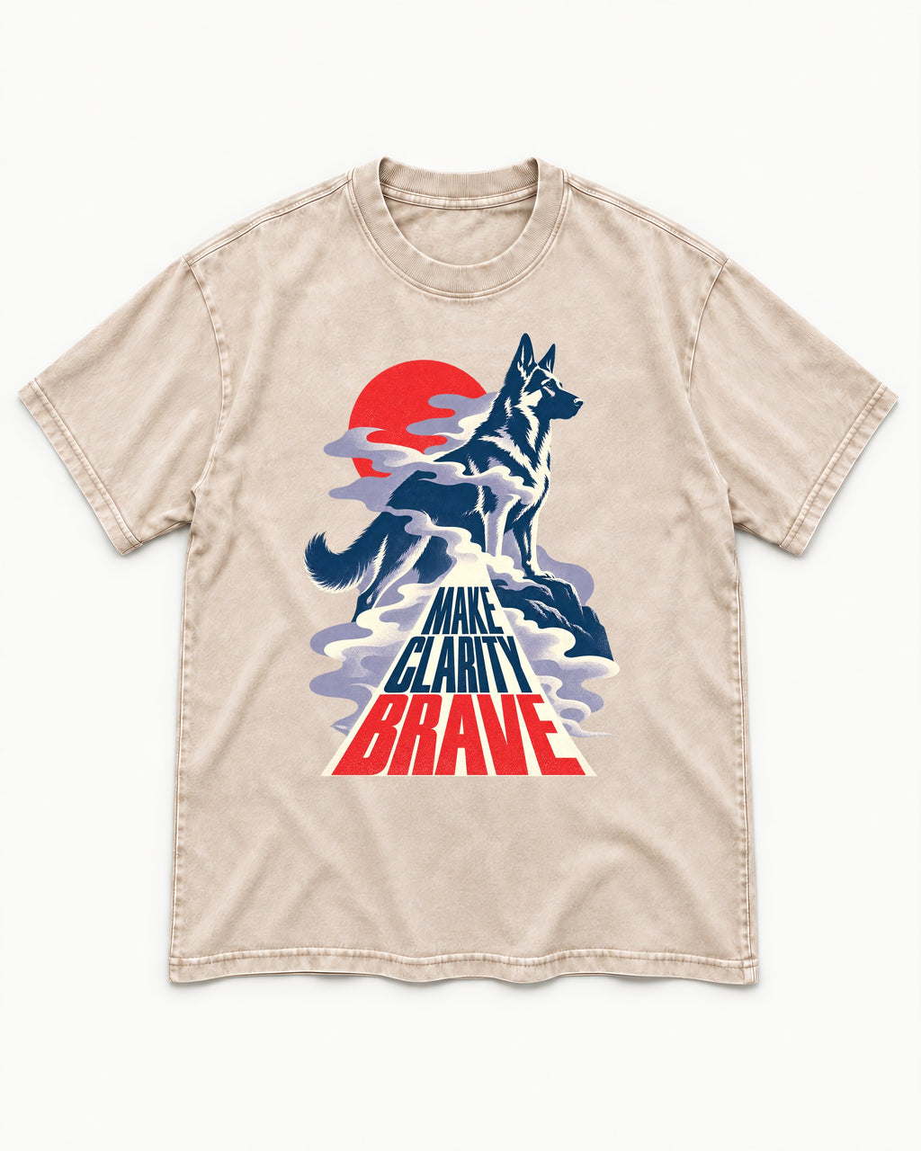 Make Clarity Brave Mountain German Shepherd Dog Graphic Washed Tee in Apricot, flat lay product photo