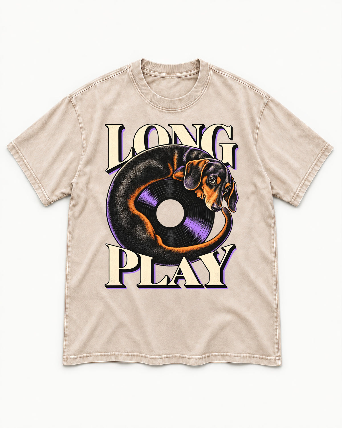 Dachshund Long Play Vinyl Record Graphic Washed Tee in Apricot, flat lay product photo