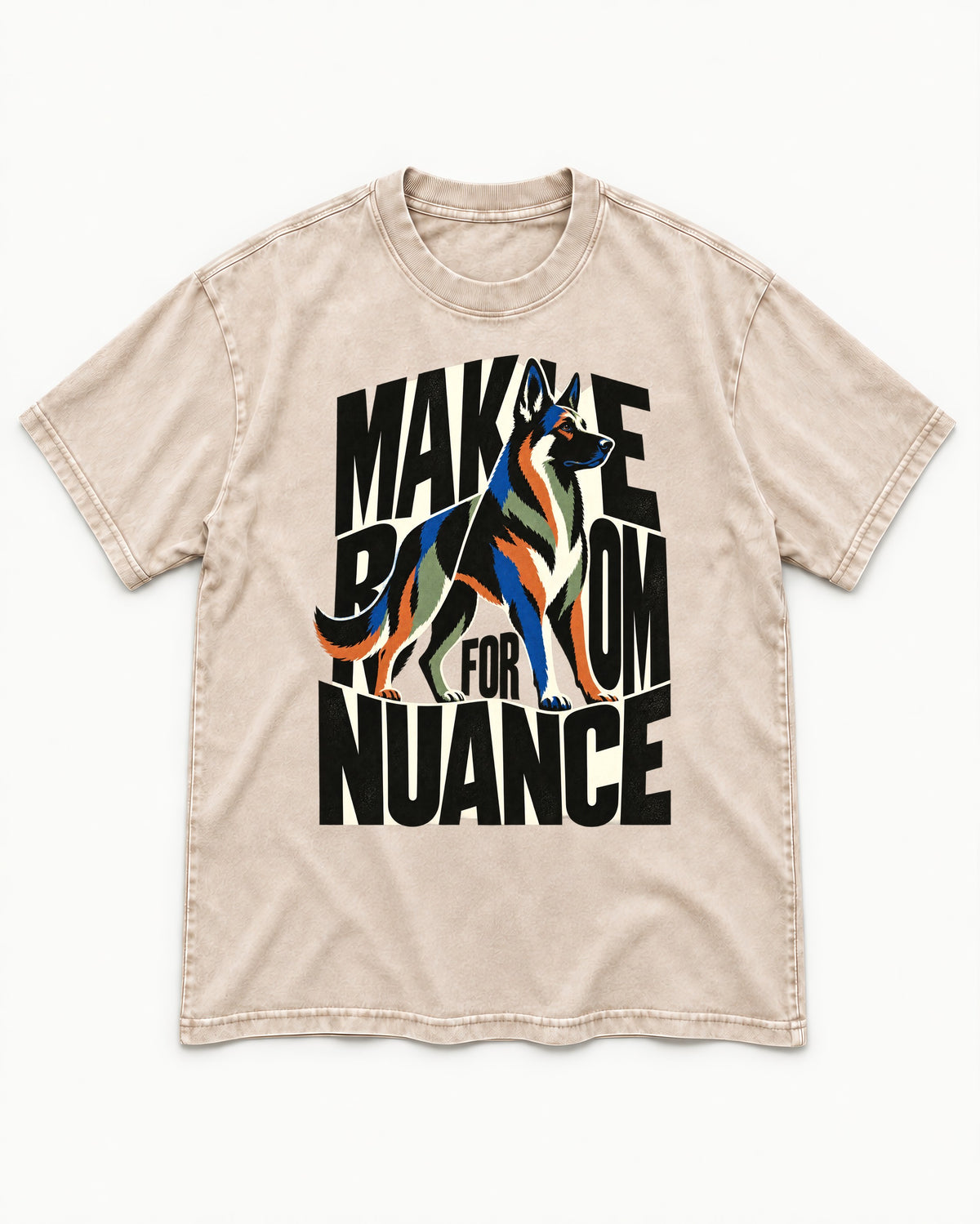 Make Room for Nuance German Shepherd Dog Washed Tee in Apricot, flat lay product photo