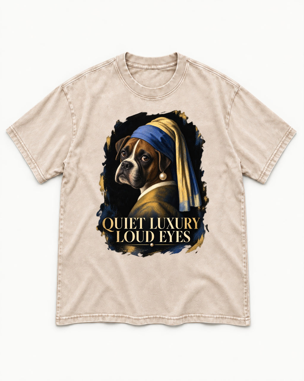 Quiet Luxury Loud Eyes Boxer Pearl Portrait Washed Tee in Apricot, flat lay product photo