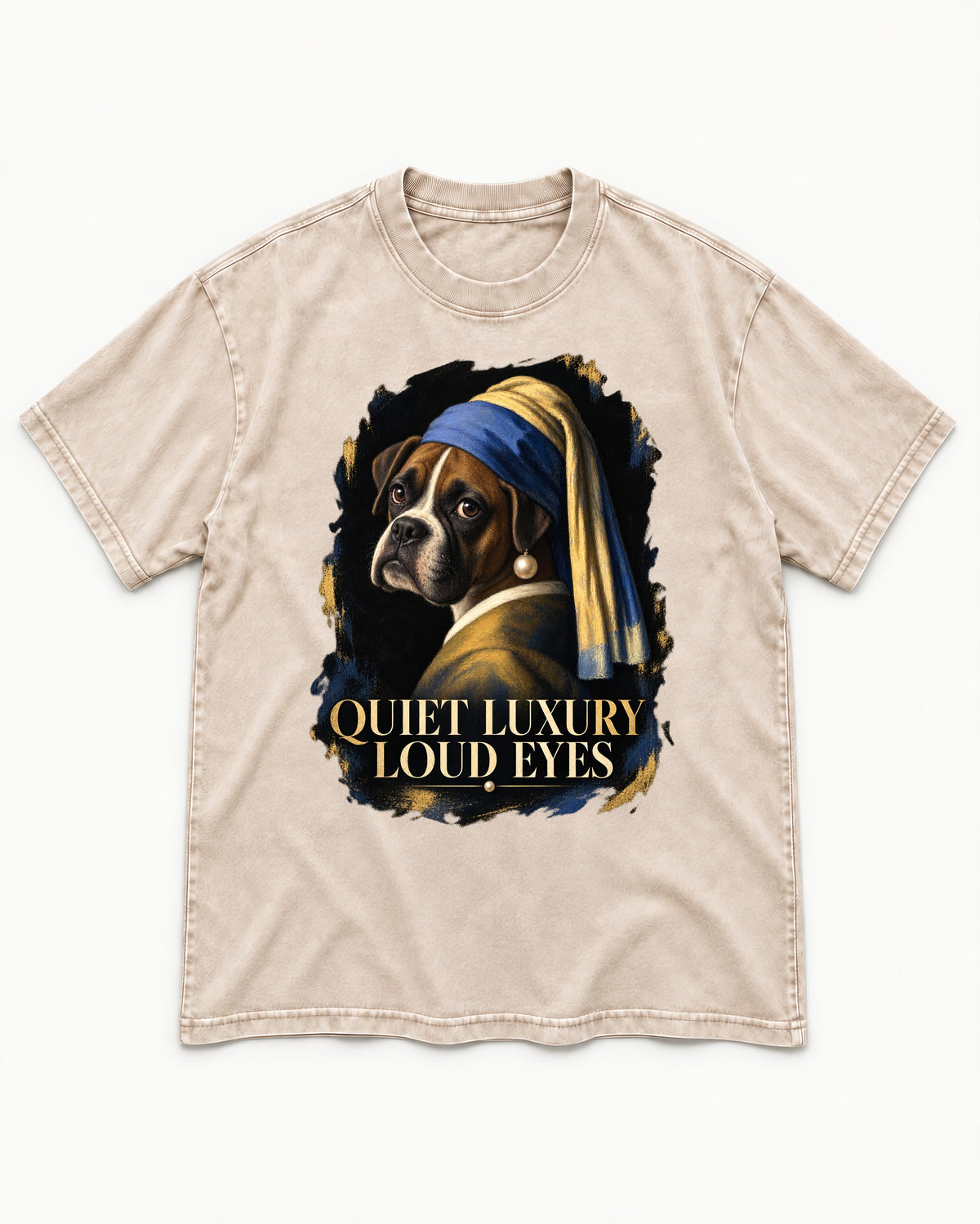 Quiet Luxury Loud Eyes Boxer Pearl Portrait Washed Tee in Apricot, flat lay product photo
