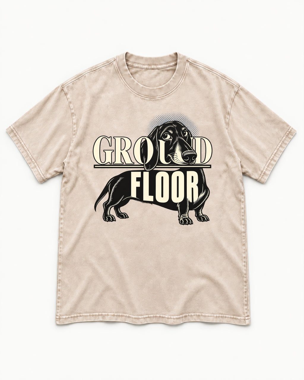 Ground Floor Dachshund Washed Tee in Apricot, flat lay product photo