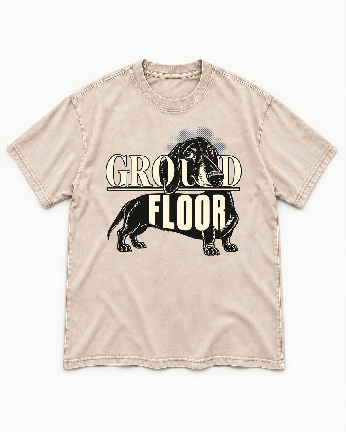 Ground Floor Dachshund Washed Tee in Apricot, flat lay product photo