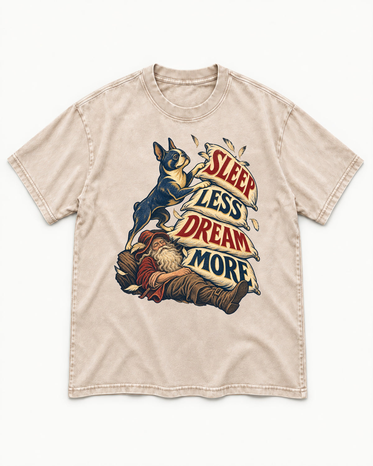 Boston Terrier Sleep Less Dream More Washed Tee in Apricot, flat lay product photo