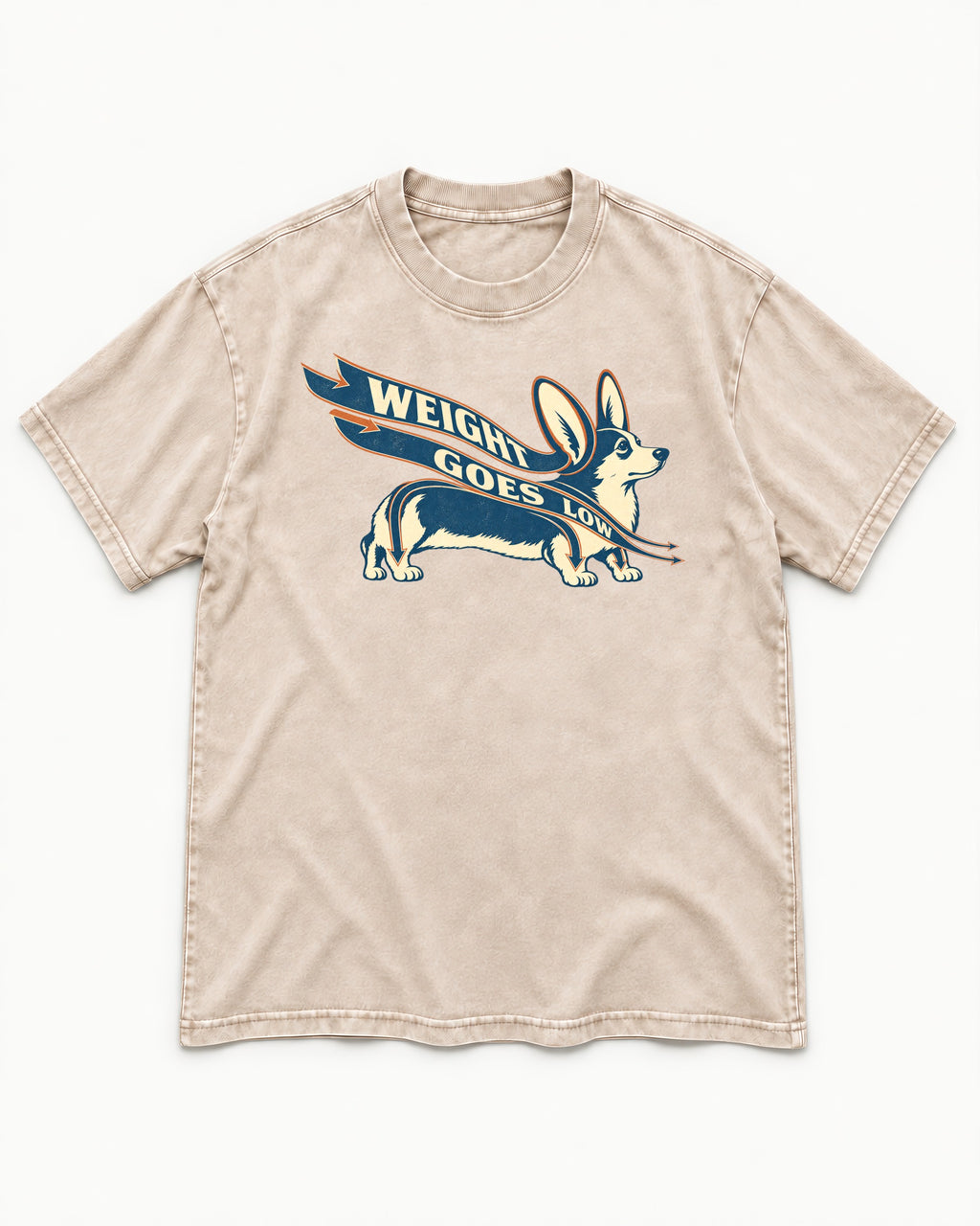Corgi Weight Goes Low Ribbon Arrow Graphic Washed Tee in Apricot, flat lay product photo