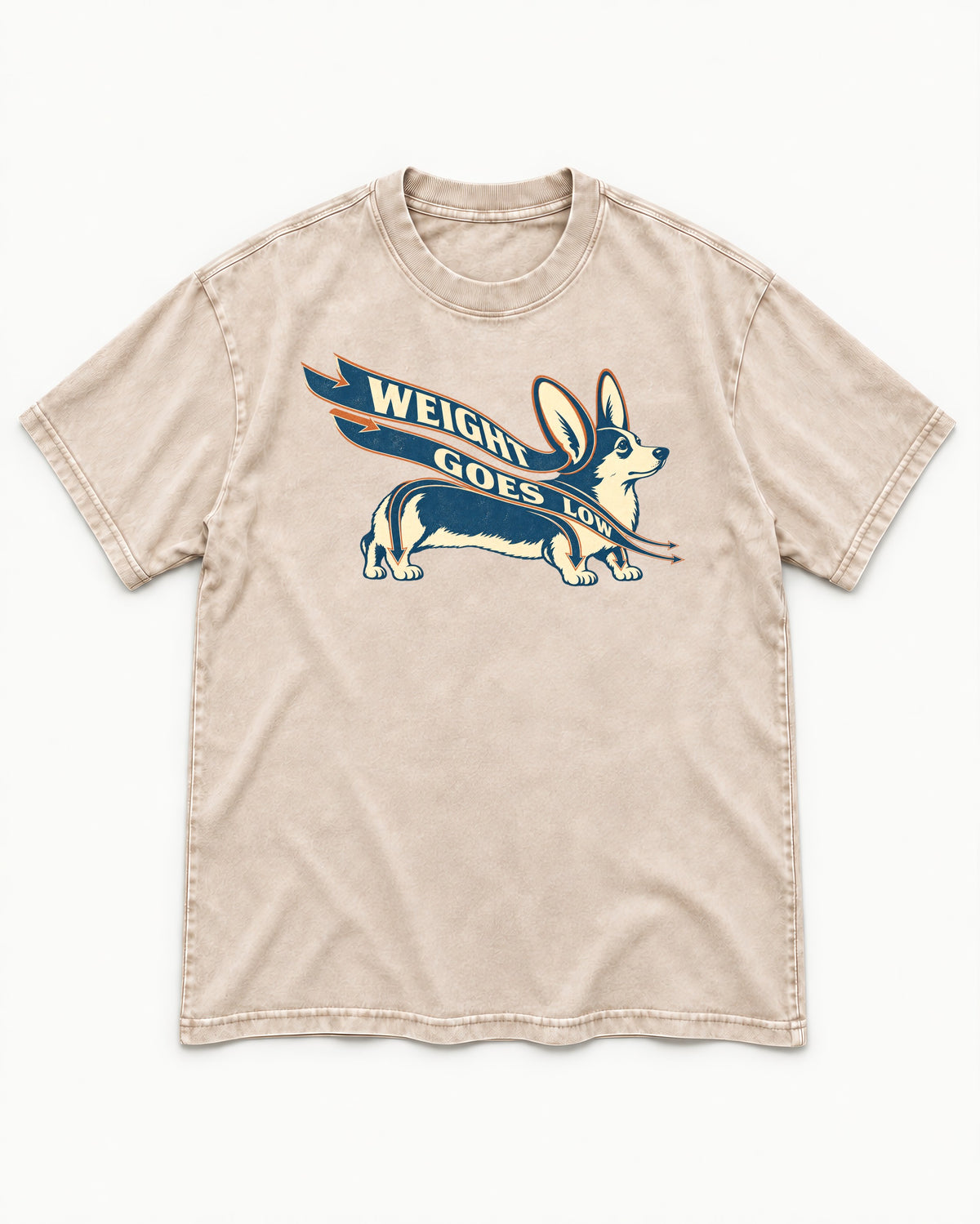 Corgi Weight Goes Low Ribbon Arrow Graphic Washed Tee in Apricot, flat lay product photo
