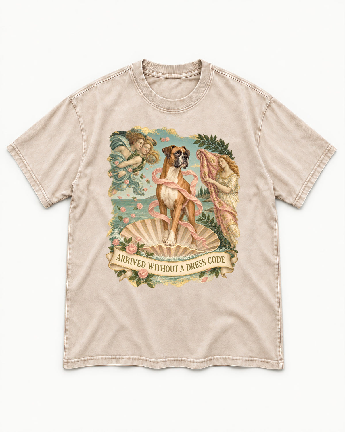 Arrived Without a Dress Code Boxer Classical Collage Washed Tee in Apricot, flat lay product photo