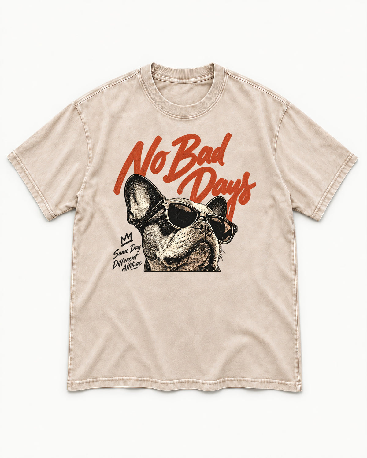 Frenchie No Bad Days Washed Tee in Apricot, flat lay product photo