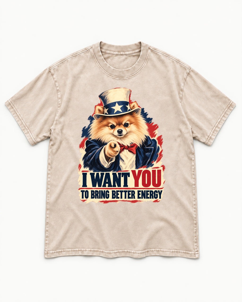 Pomeranian I Want You to Bring Better Energy Uncle Sam Graphic Washed Tee in Apricot, flat lay product photo