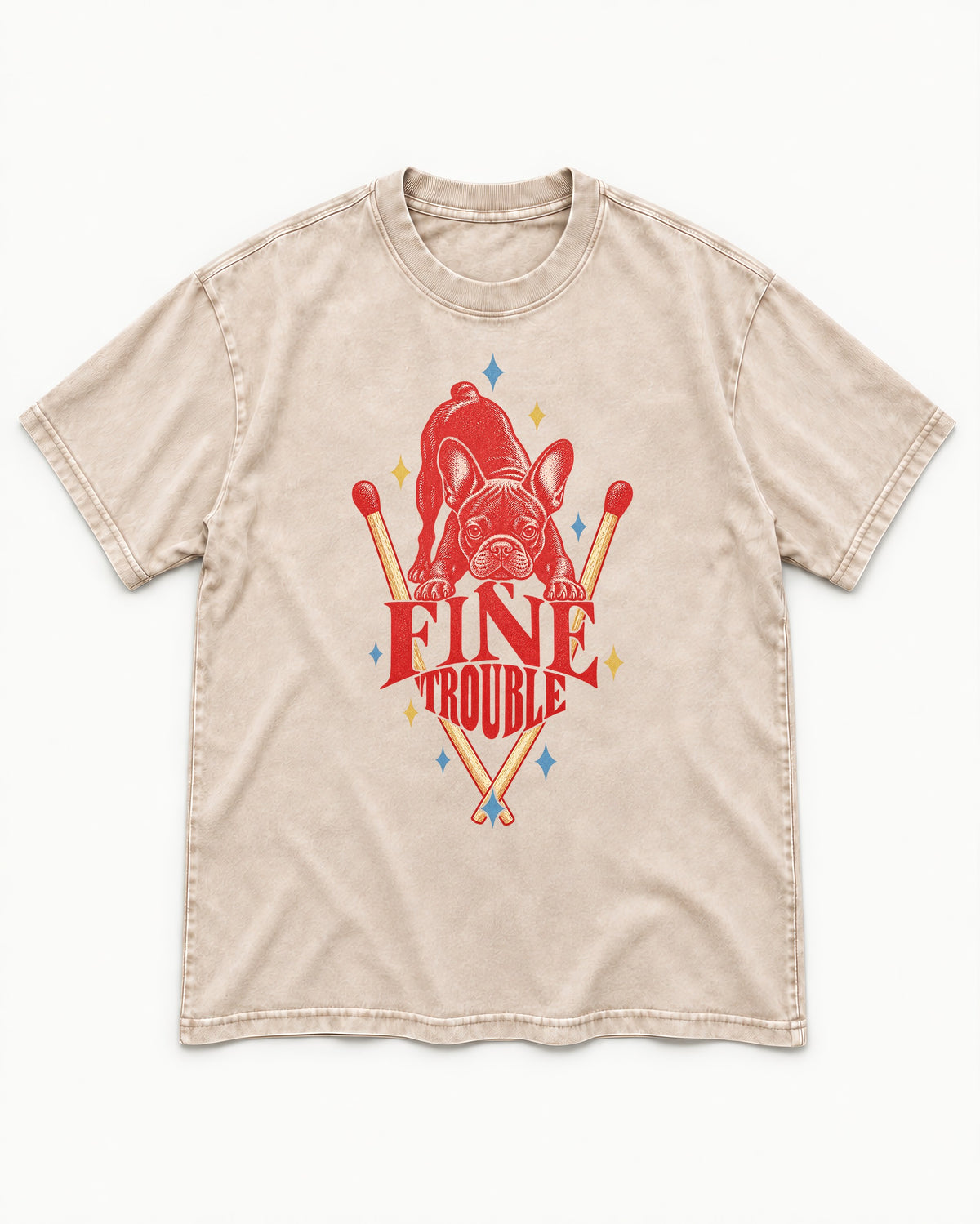 Fine Trouble Boston Terrier Matchstick Graphic Washed Tee in Apricot, flat lay product photo
