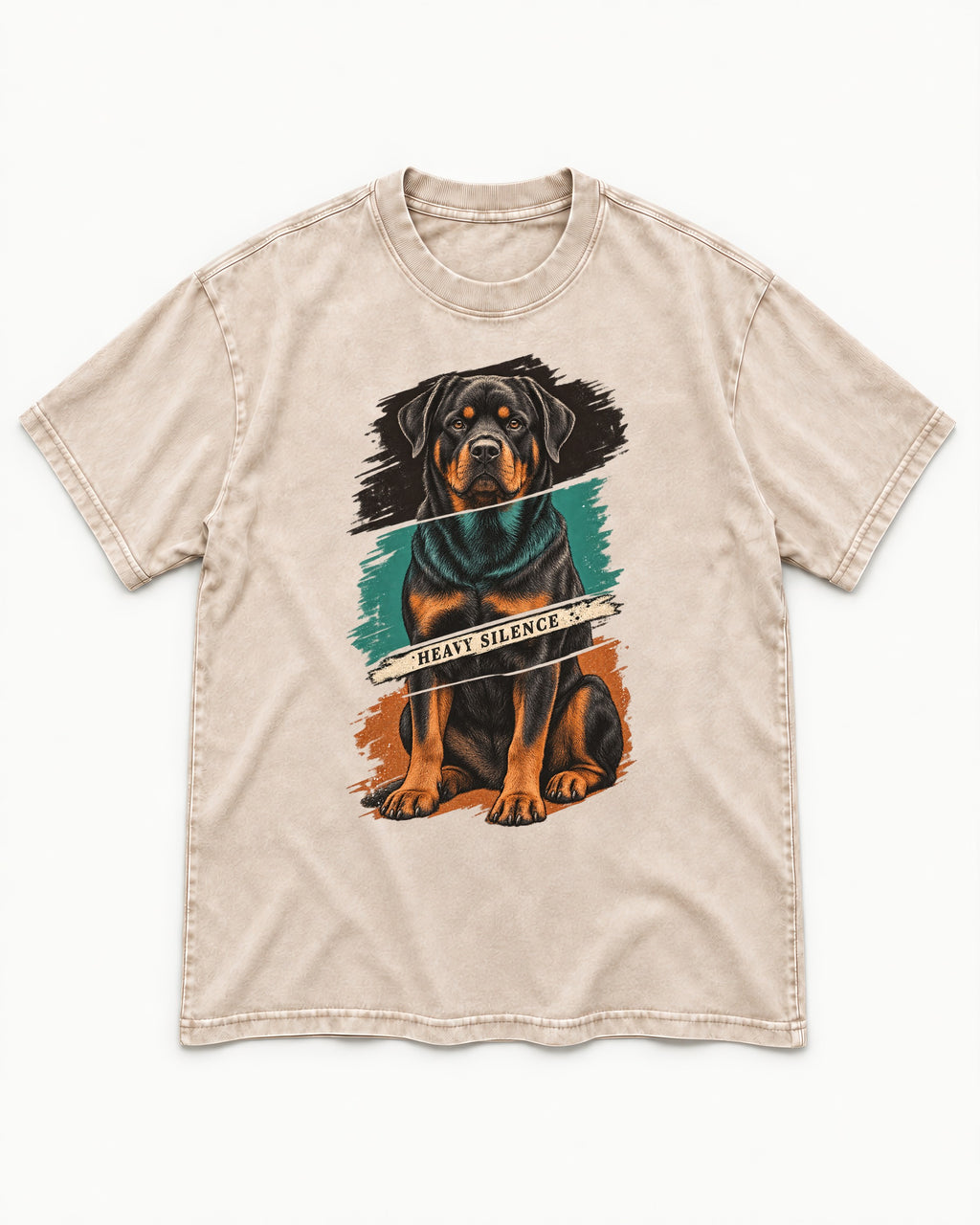 Rottweiler Heavy Silence Brushstroke Portrait Graphic Washed Tee in Apricot, flat lay product photo