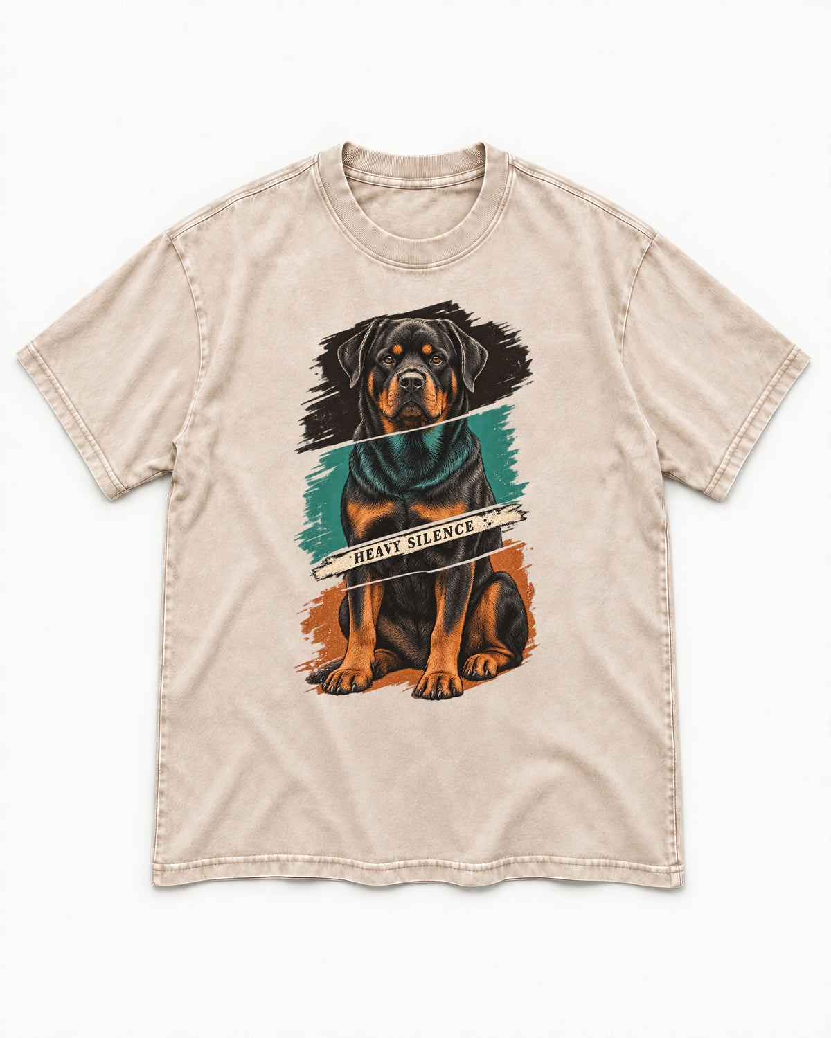 Rottweiler Heavy Silence Brushstroke Portrait Graphic Washed Tee in Apricot, flat lay product photo