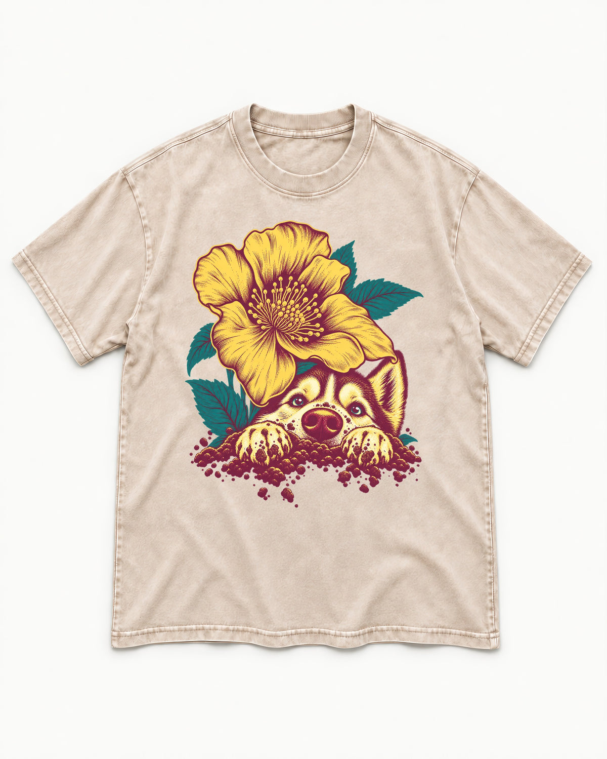 Husky Flower Witness Peeking Floral Graphic Washed Tee in Apricot, flat lay product photo