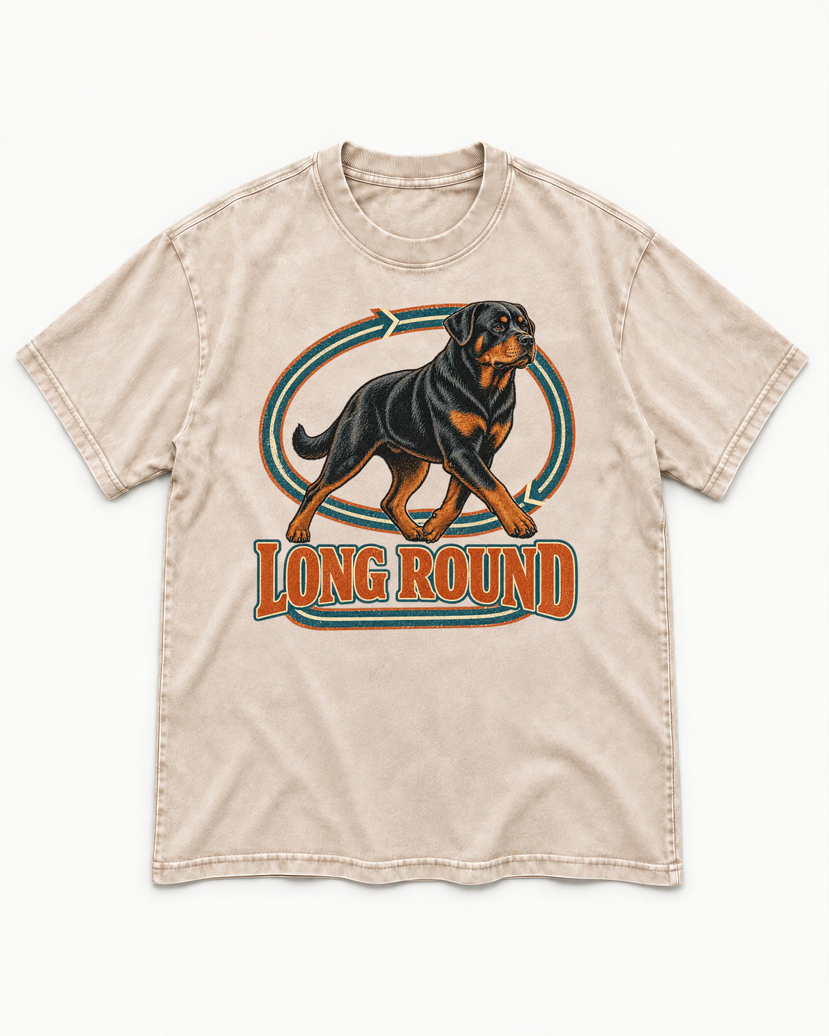 Rottweiler Long Round Circular Track Graphic Washed Tee in Apricot, flat lay product photo