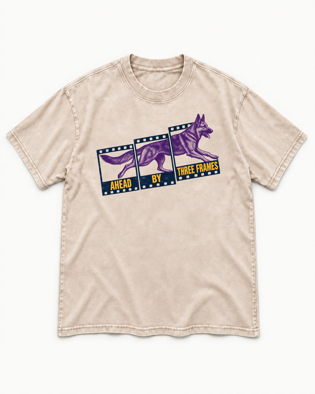 German Shepherd Dog Ahead by Three Frames Washed Tee in Apricot, flat lay product photo