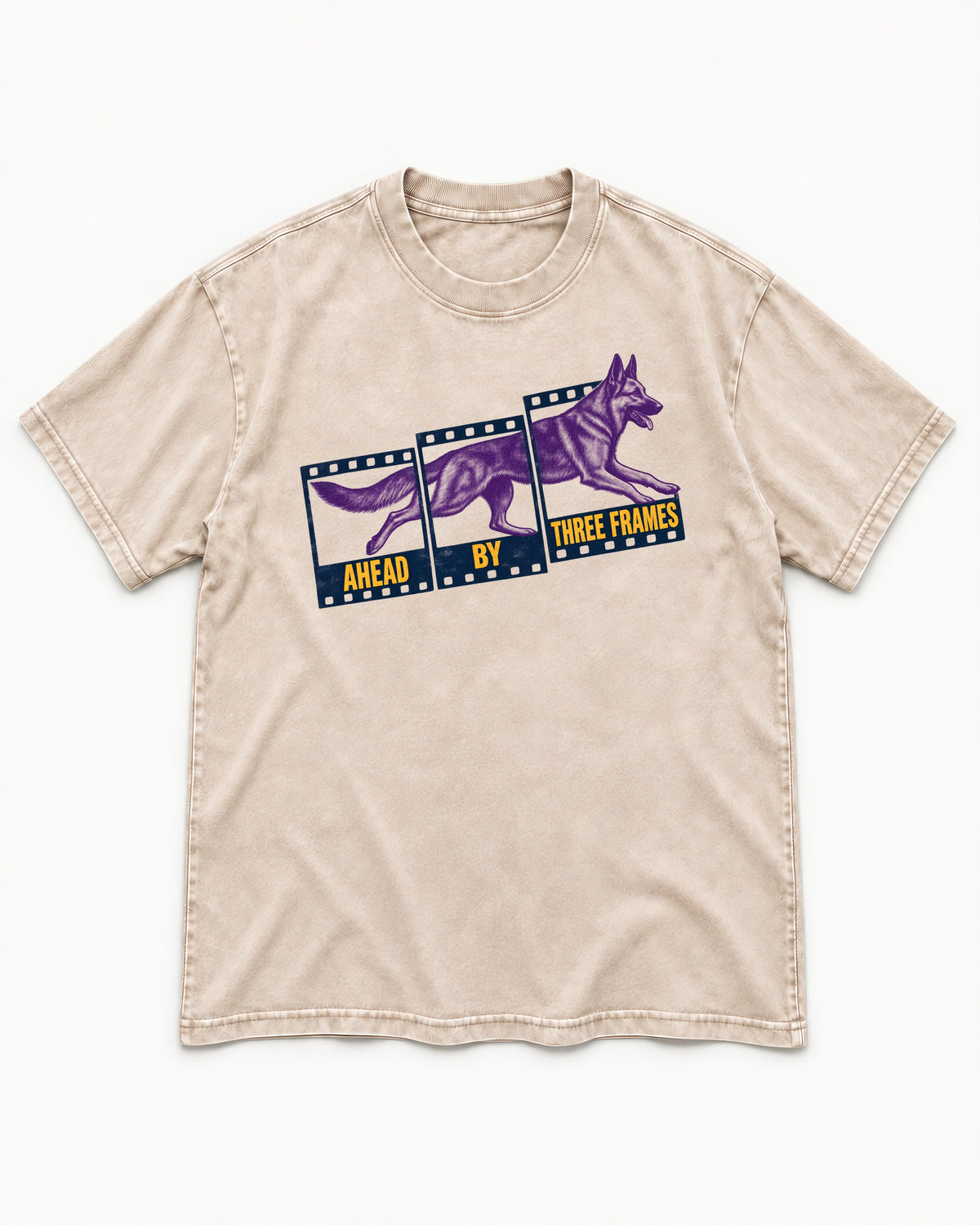 German Shepherd Dog Ahead by Three Frames Washed Tee in Apricot, flat lay product photo