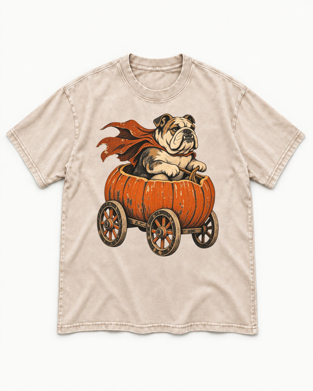 English Bulldog Midnight Magic Washed Tee in Apricot, flat lay product photo