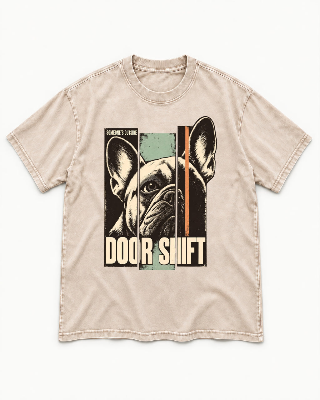 Frenchie Someone's Outside Door Shift Graphic Washed Tee in Apricot, flat lay product photo