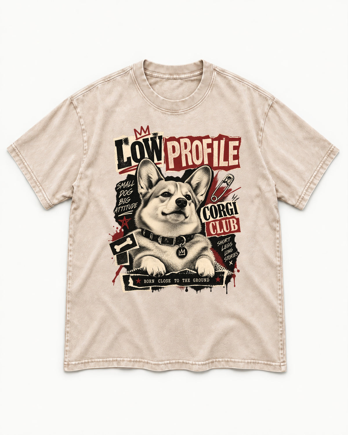 Corgi Low Profile Corgi Club Punk Collage Graphic Washed Tee in Apricot, flat lay product photo