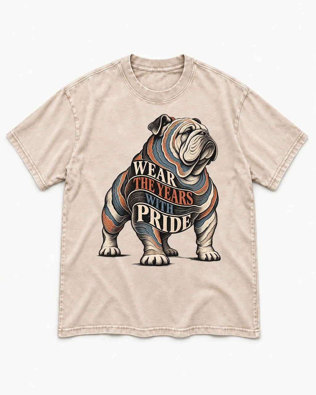 English Bulldog Wear the Years Washed Tee in Apricot, flat lay product photo