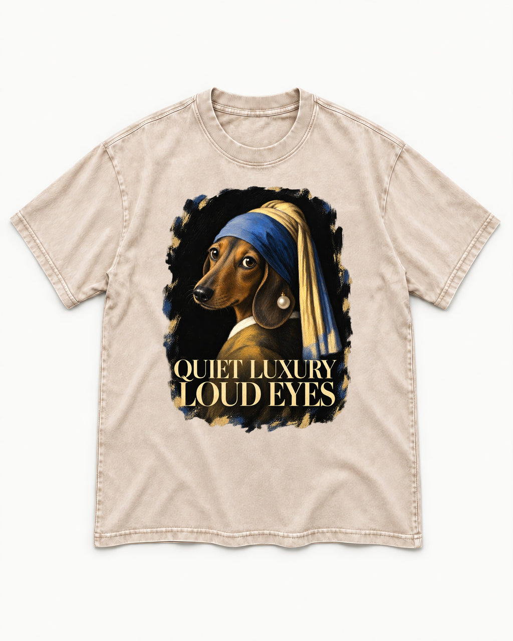 Dachshund Quiet Luxury Loud Eyes Pearl Portrait Graphic Washed Tee in Apricot, flat lay product photo