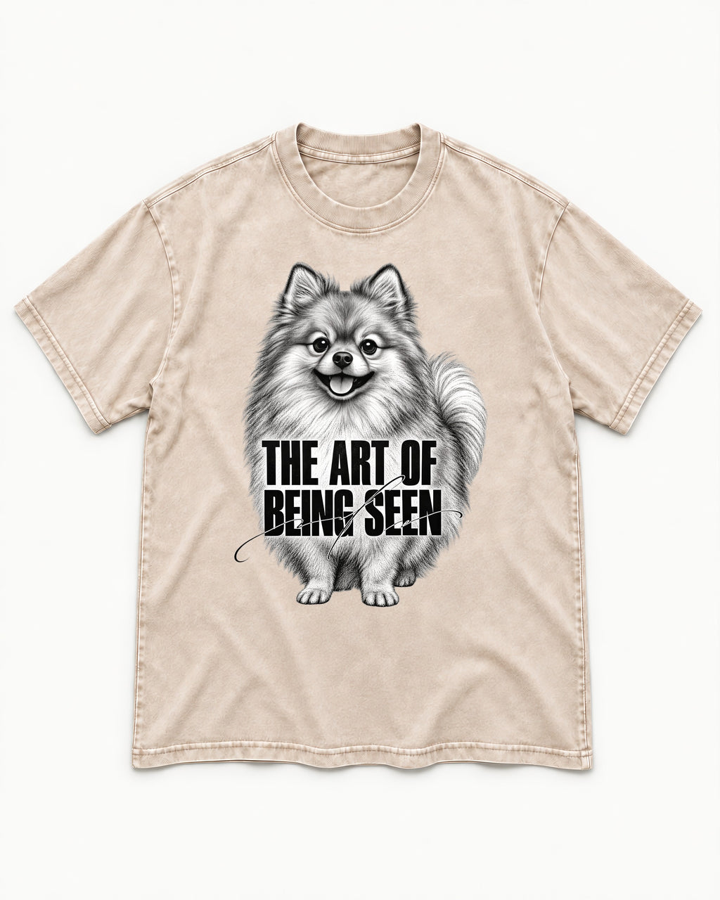 Pomeranian The Art of Being Seen Portrait Graphic Washed Tee in Apricot, flat lay product photo