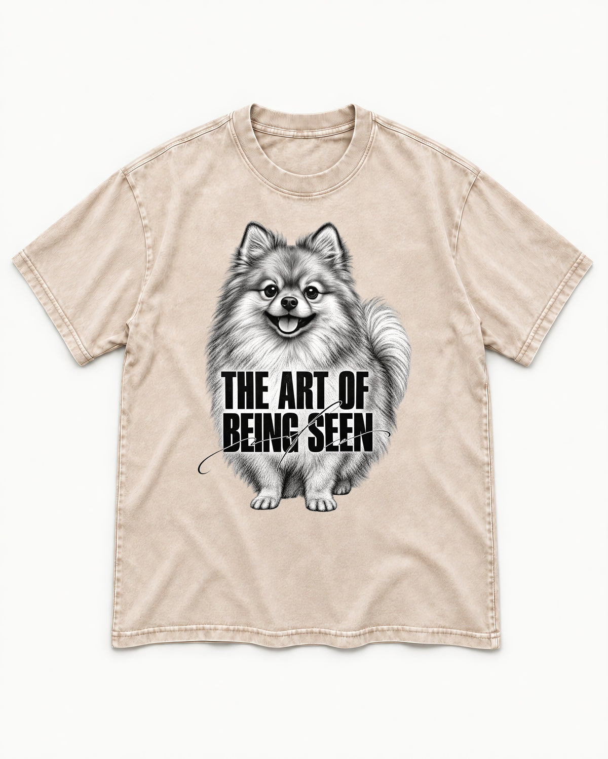 Pomeranian The Art of Being Seen Portrait Graphic Washed Tee in Apricot, flat lay product photo