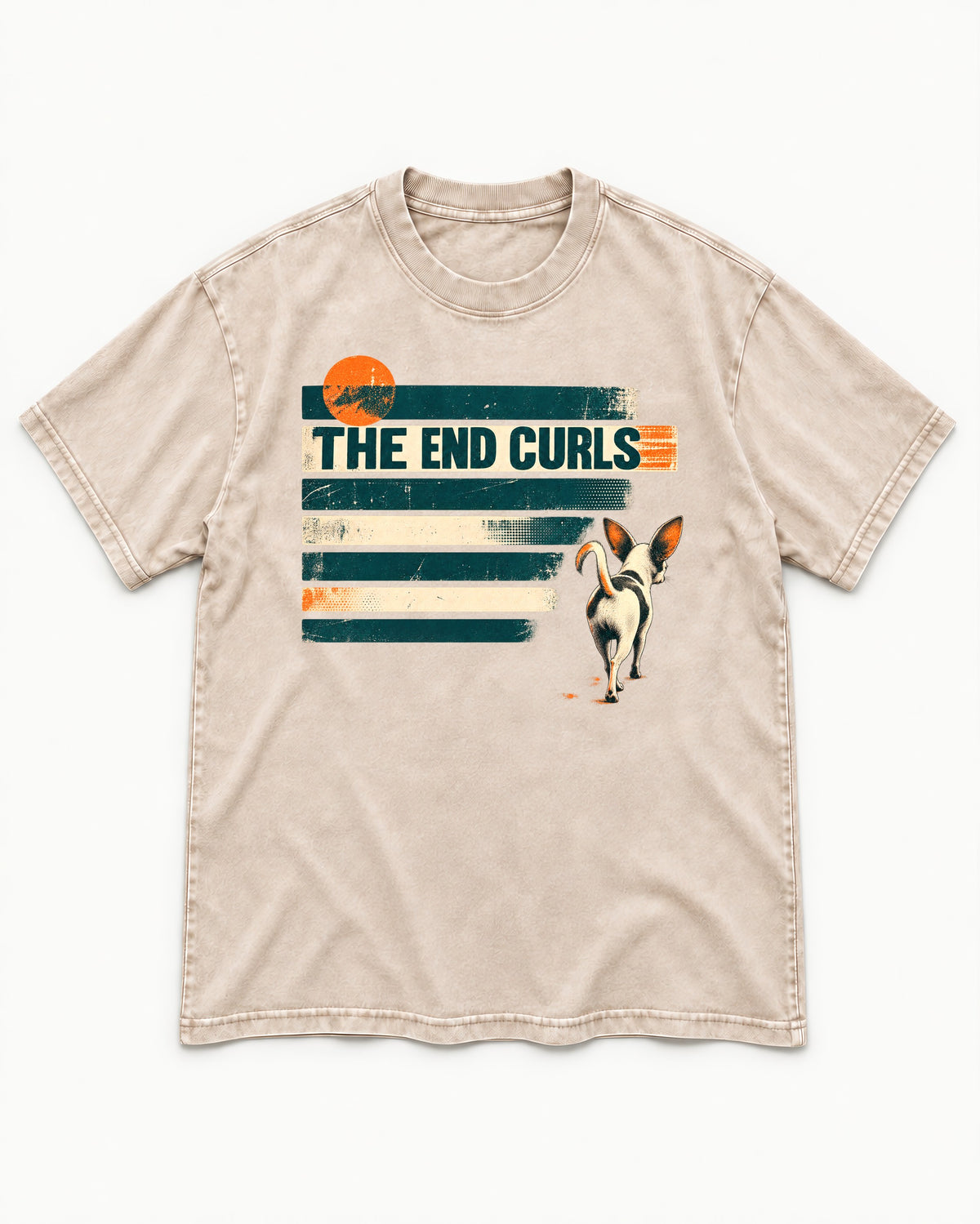 Chihuahua The End Curls Retro Stripe Graphic Washed Tee in Apricot, flat lay product photo