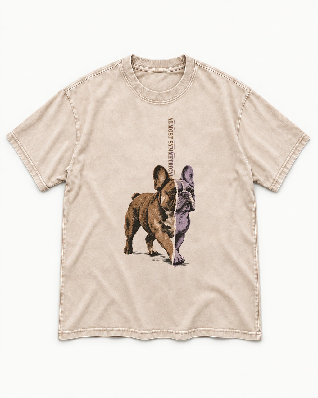 Frenchie Almost Symmetrical Torn Split Graphic Washed Tee in Apricot, flat lay product photo